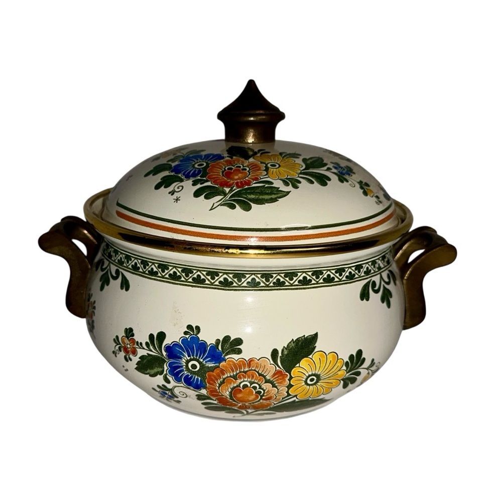 Asta German Enamelware 1960s Floral 4Qt Dutch Oven Casserole With Brass
Handles